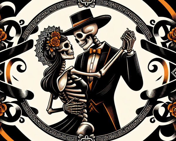 Whimsical Skeletons Dancing in Festive Decor