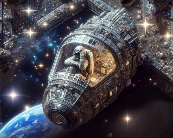 Futuristic spacecraft in starry cosmos with astronaut