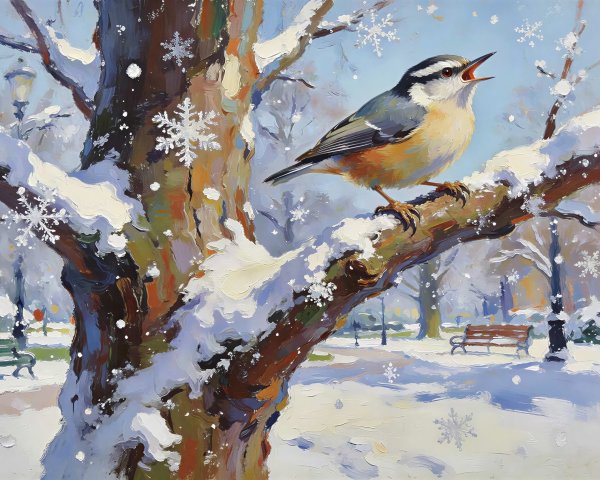 Impressionistic Painting of Snowy Tree and Bird