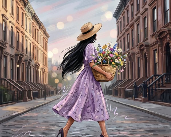 Stylish Woman in Floral Dress on Cobblestone Street