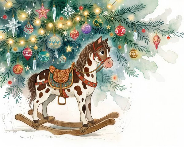 Watercolor Illustration of Rocking Horse by Christmas Tree
