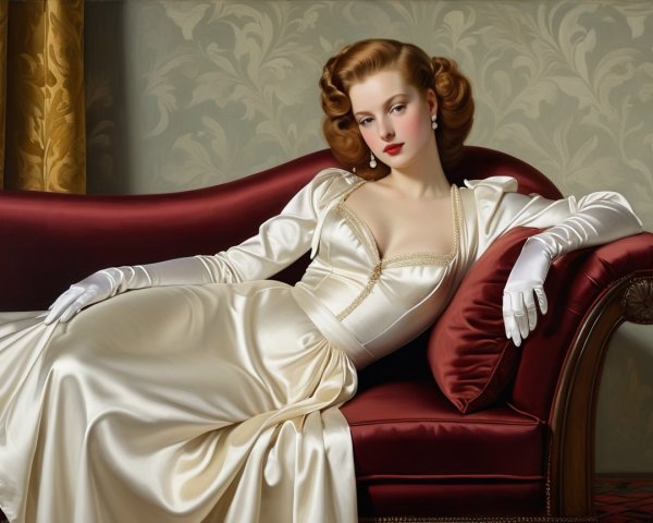 Elegant Woman in White Gown on Red Velvet Sofa
