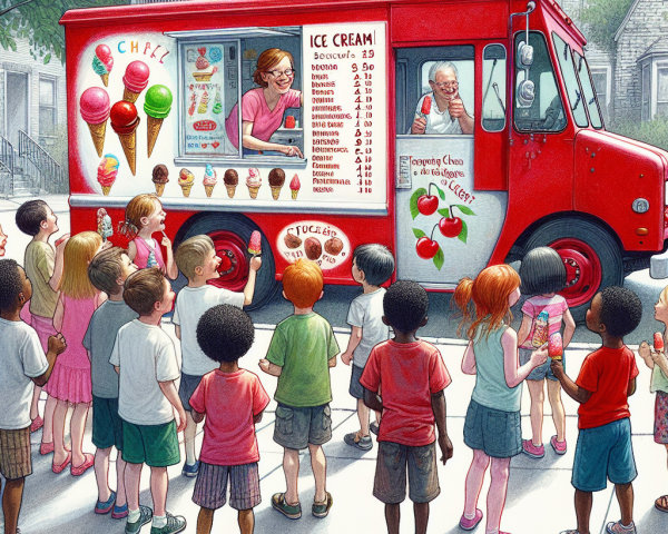 Ice Cream Truck Scene with Children on Sunny Street