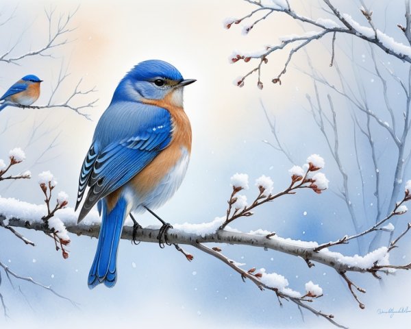 Bluebird on Snow-Dusted Branch in Winter Scene