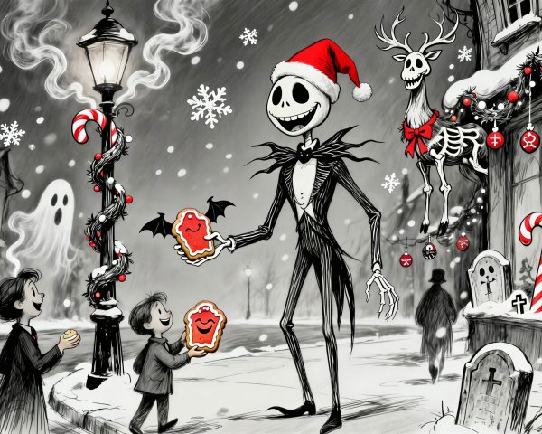 Jack Skellington Offering Gingerbread Man in Winter Scene