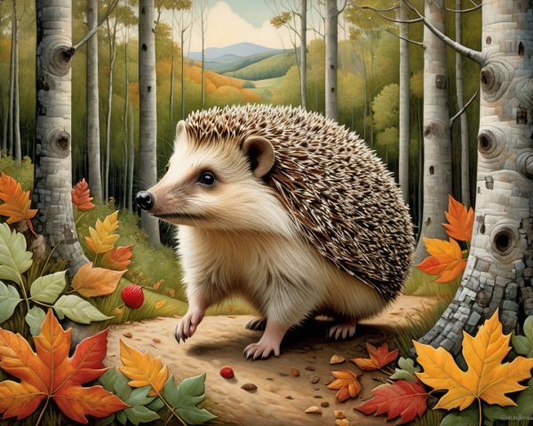 Hedgehog on Forest Path Surrounded by Autumn Leaves