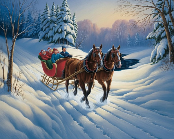 Winter Scene with Horse-Drawn Sleigh in Snowy Landscape