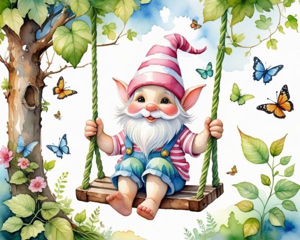 Cheerful gnome on swing with butterflies and flowers