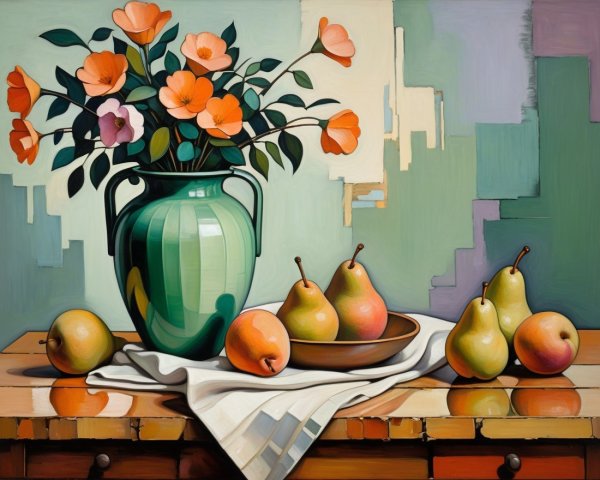 Vibrant Still Life with Flowers, Pears, and Pastels