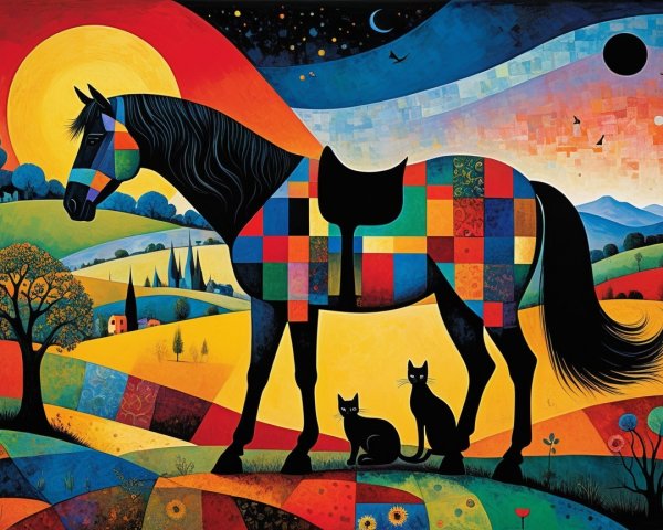 Vibrant Landscape with Patterned Horse and Cats