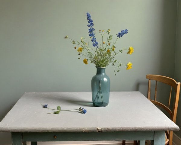 Rustic Table with Wildflowers and Wooden Chair Scene