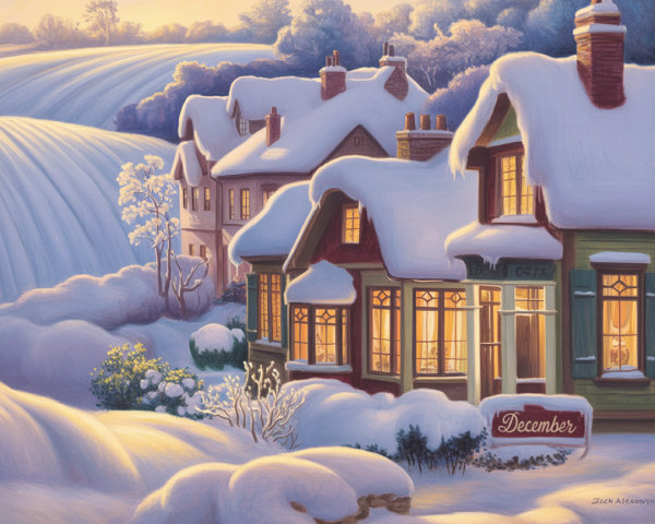 Charming Snow-Covered Houses in a Winter Landscape