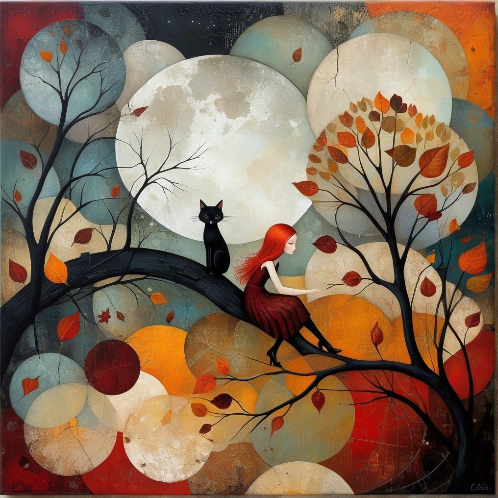 Whimsical Scene of Girl and Cat Under Full Moon