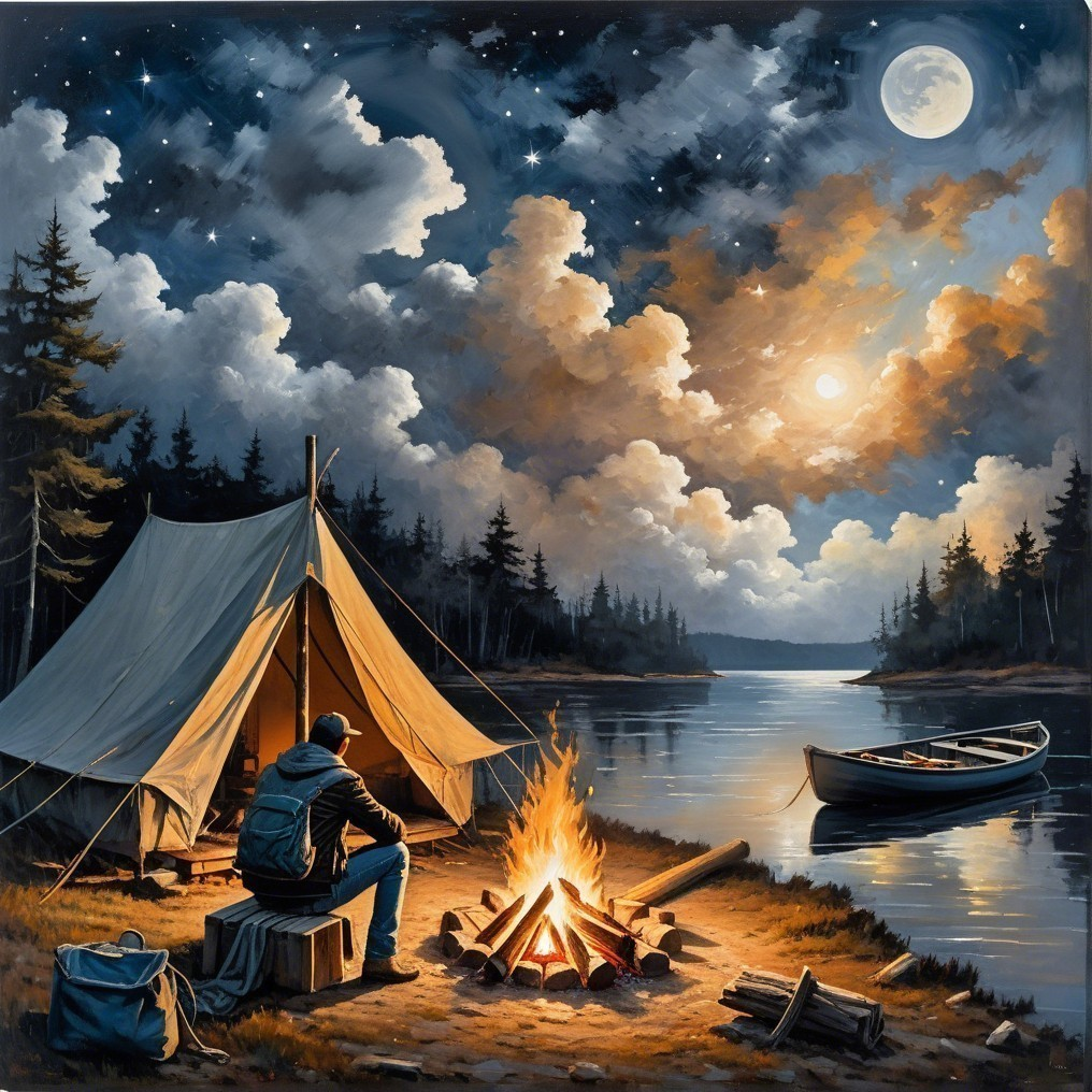 Lakeside Night Scene with Campfire and Canoe