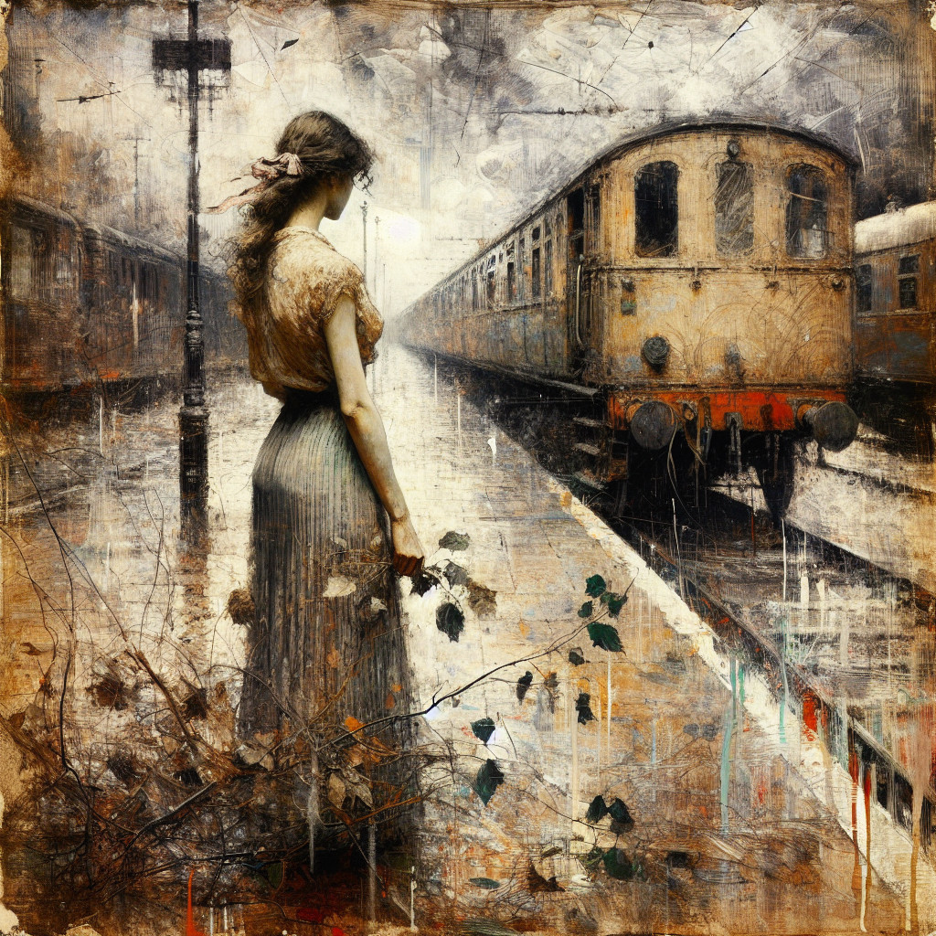 Solitary Woman at Rainy Train Platform with Vintage Train
