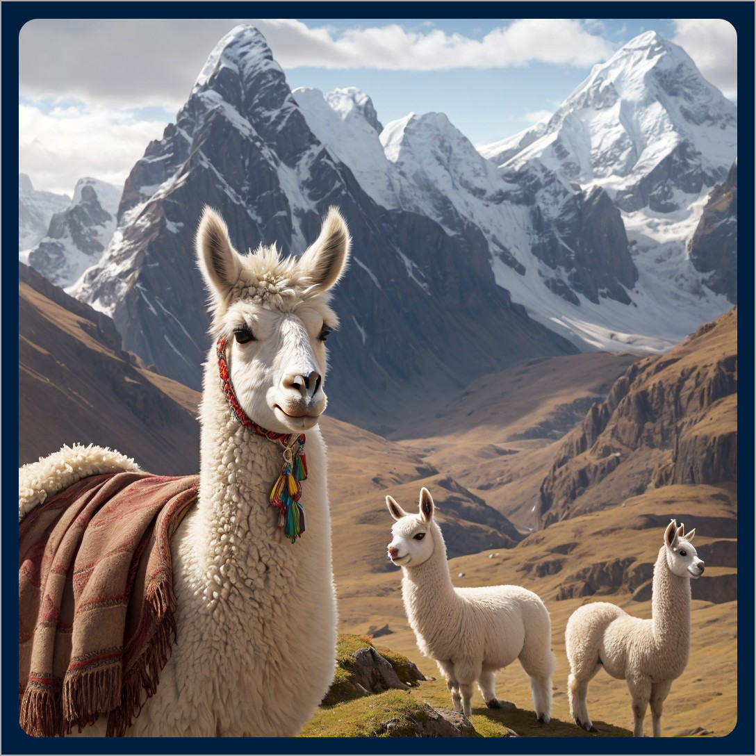 Llamas with mountain backdrop and colorful accessories