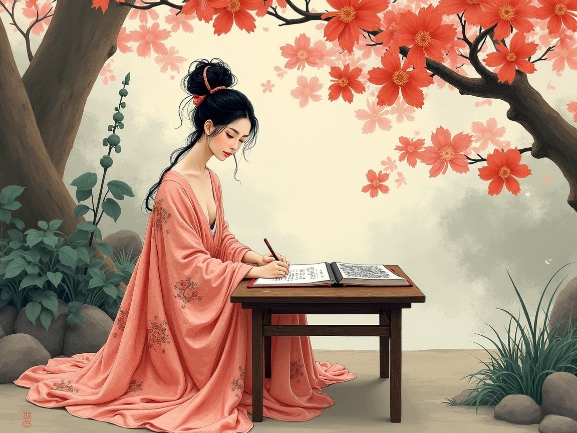 Young Woman in Peach Kimono Writing Amidst Nature