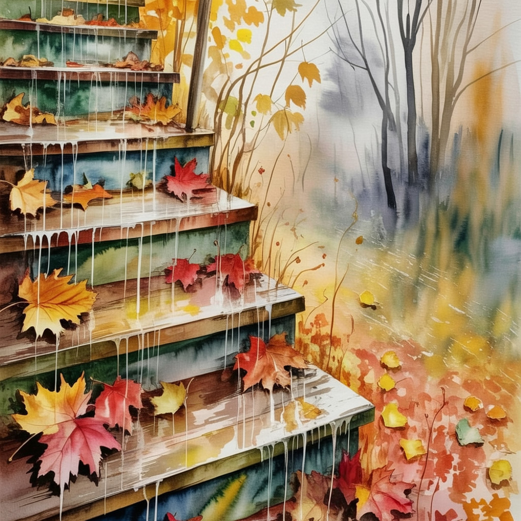 Watercolor of Wooden Stairs with Autumn Leaves