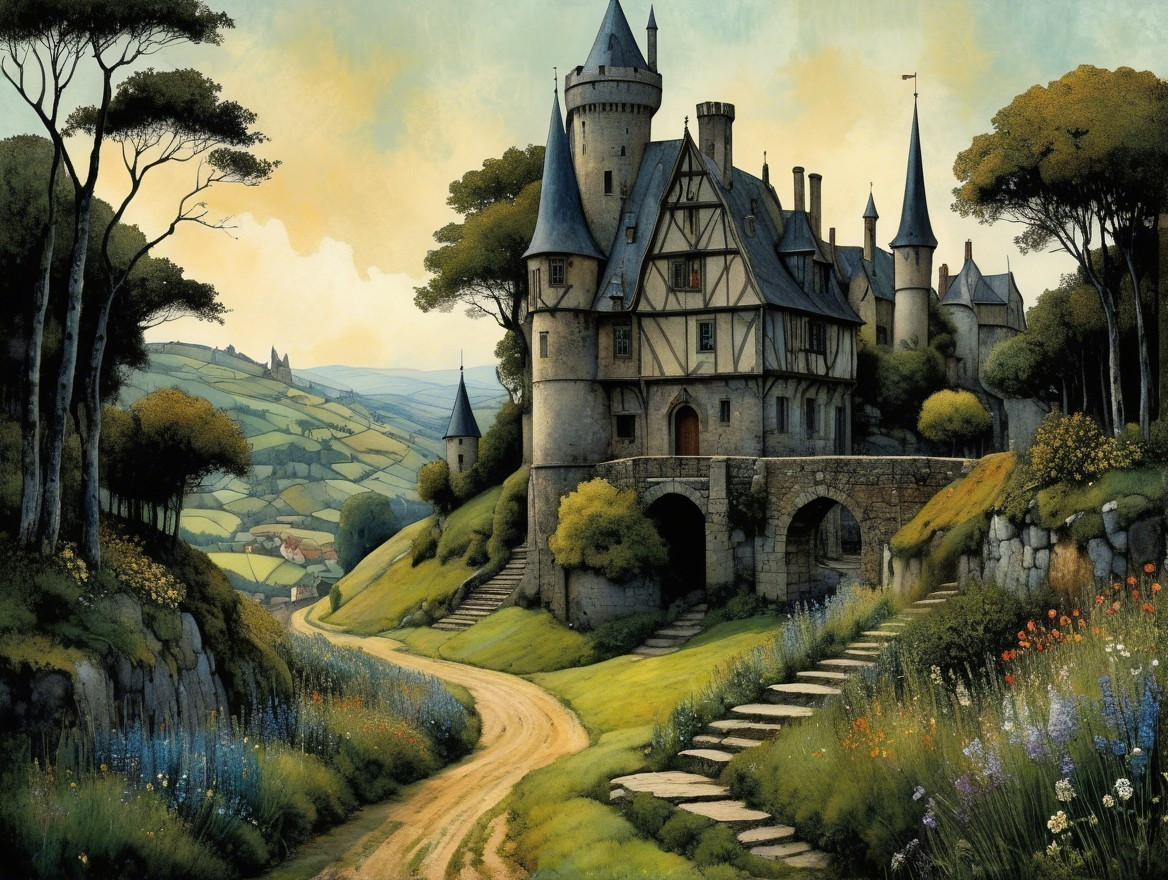 Medieval Castle Surrounded by Lush Green Hills