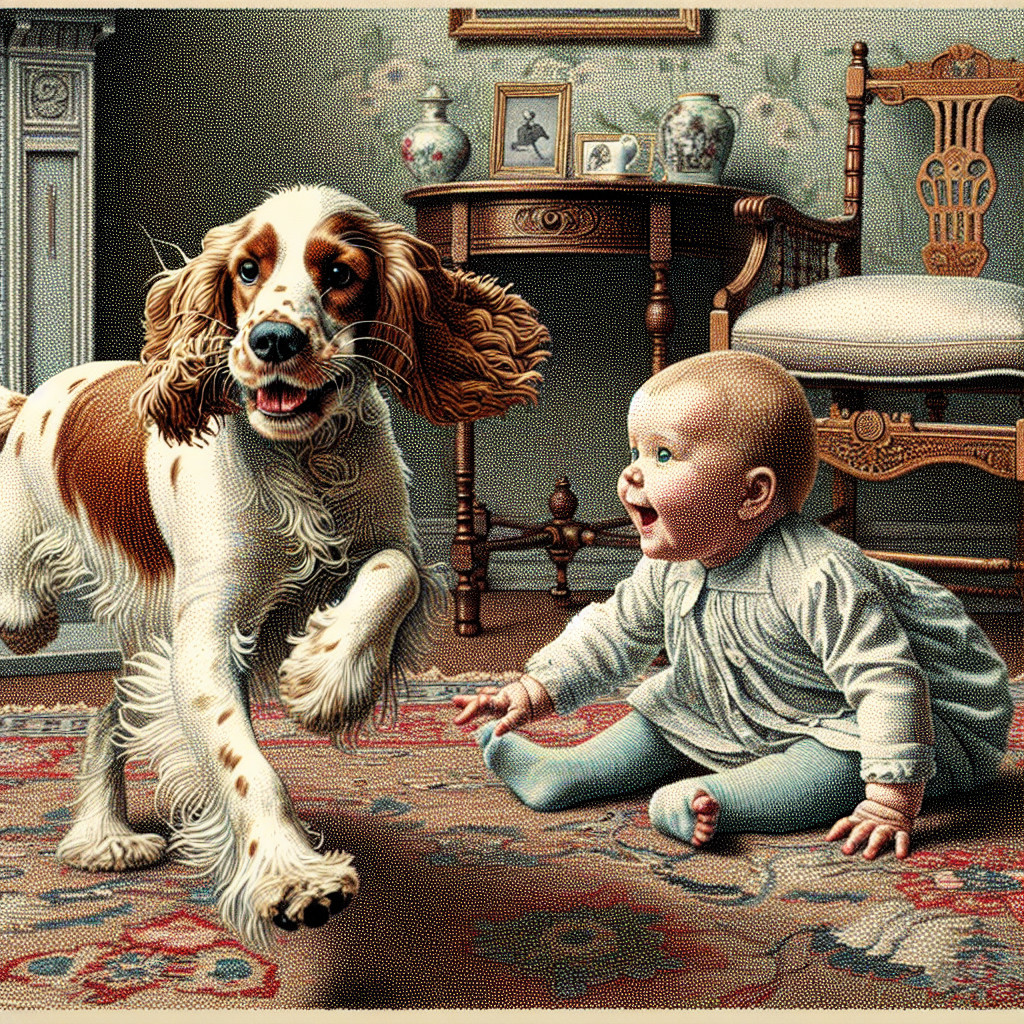 Joyful Dog and Baby in Vintage Living Room Scene
