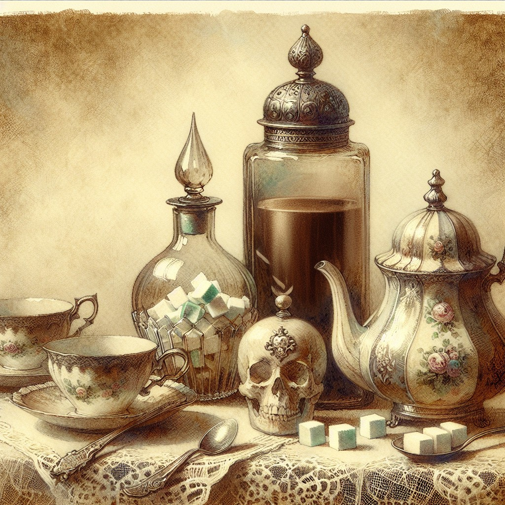 Elegant tea set with floral teapot and skull decor