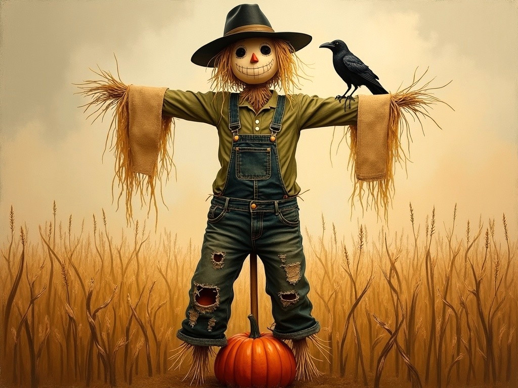 Cheerful Scarecrow in Autumn Field with Pumpkin