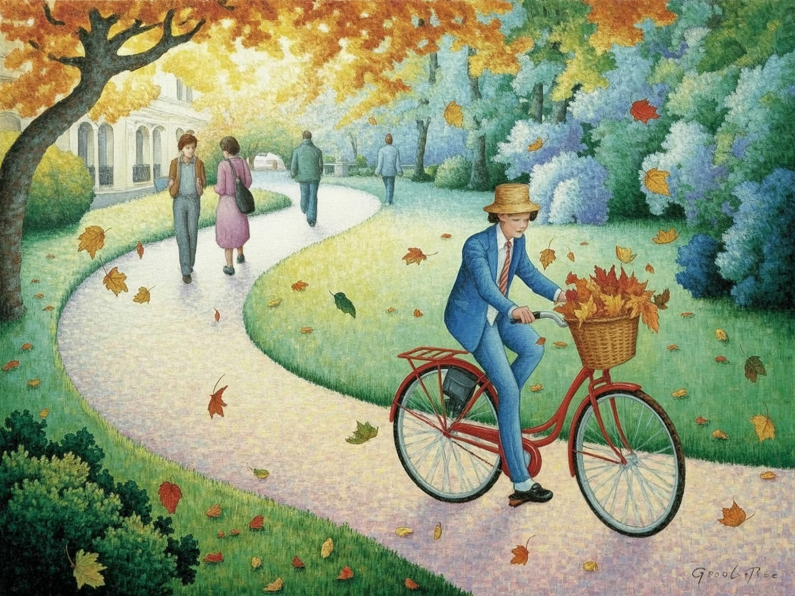 Autumn Scene of a Young Man on a Bicycle with Leaves