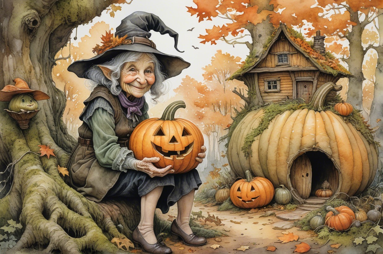 Whimsical Autumn Scene with Elderly Witch and Pumpkins