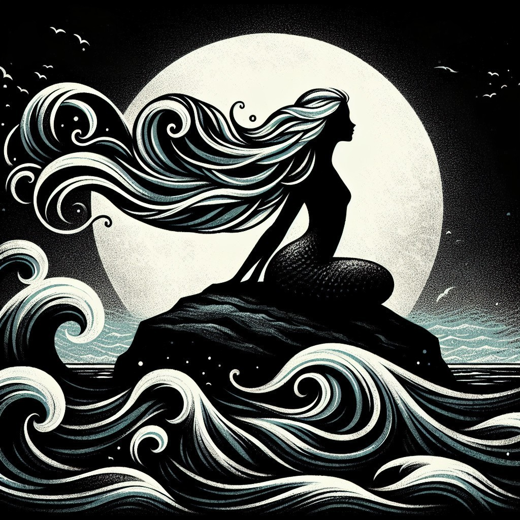 Mermaid Silhouette on Rocky Shore Under Full Moon