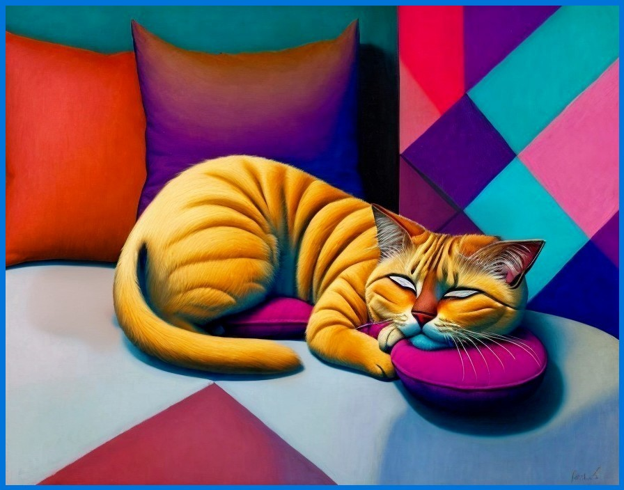 Colorful Painting of a Sleeping Orange Tabby Cat