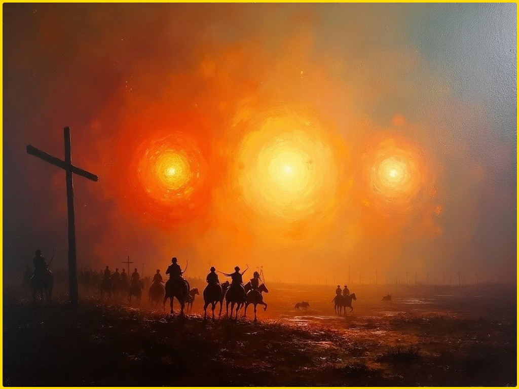 Dramatic Sunset with Three Suns and Silhouetted Figures