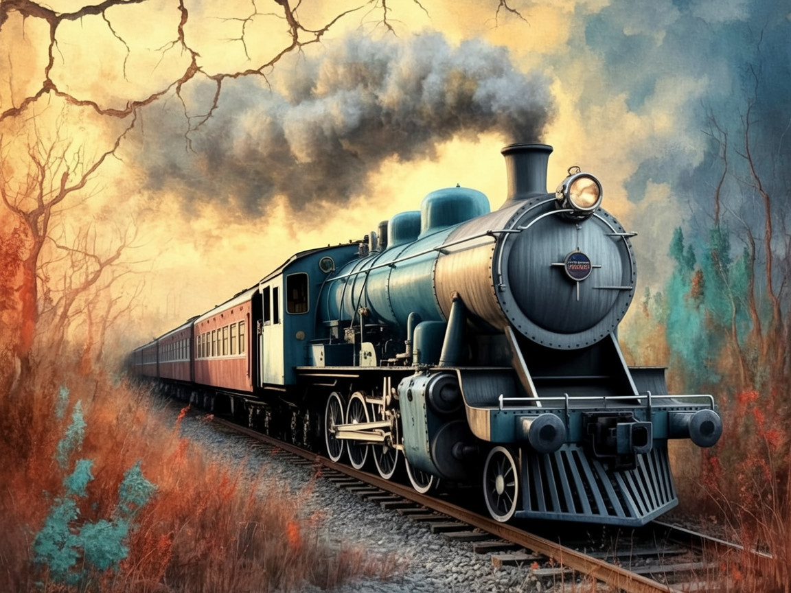 Vintage steam locomotive in serene sunset landscape