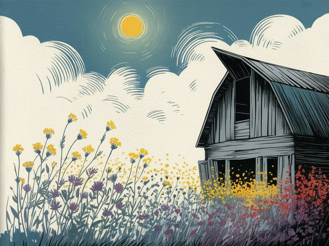 Rustic Barn Surrounded by Colorful Wildflowers