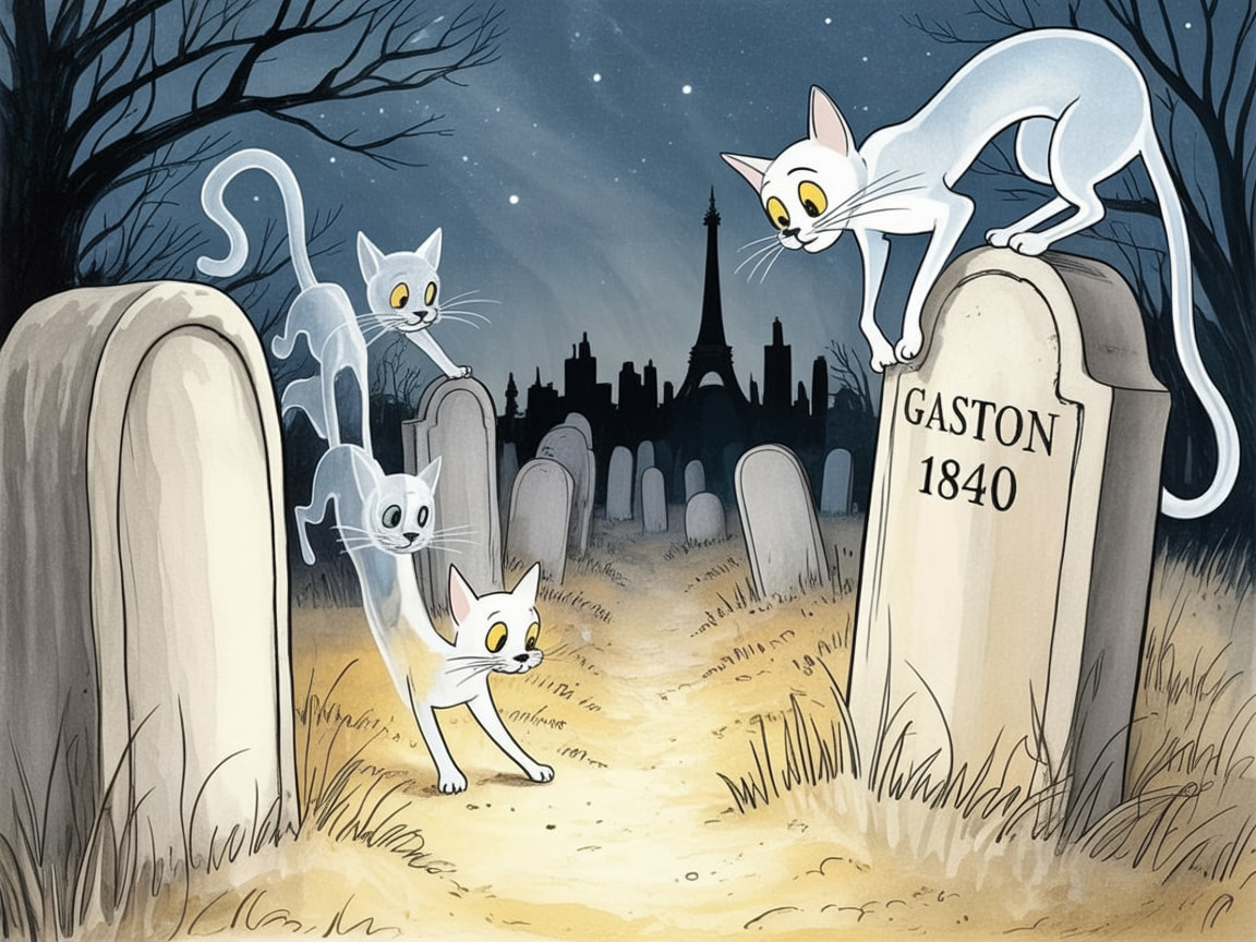 Whimsical Graveyard Scene with Playful Cats and Tombstones