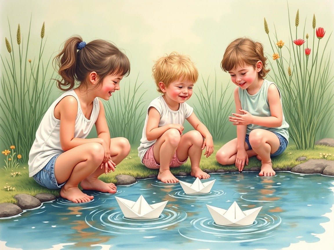 Children Playing by a Serene Pond with Paper Boats