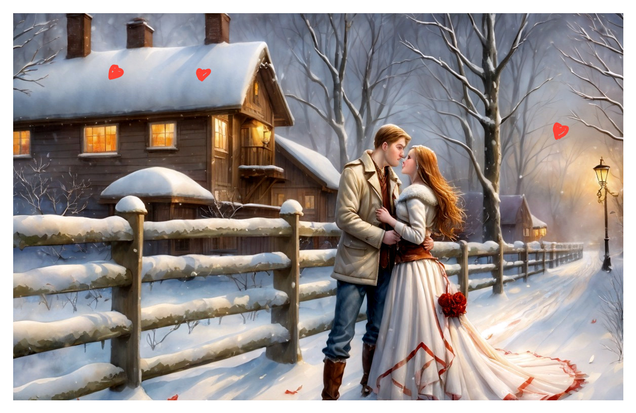 Romantic winter scene with embracing couple near wooden house