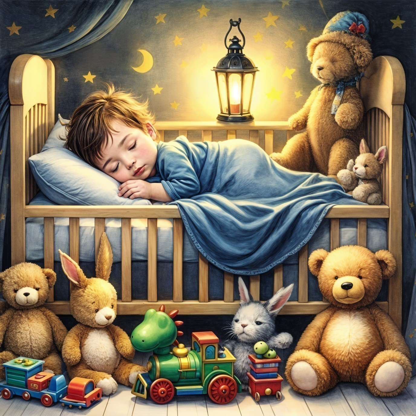 Cozy Nursery Scene with Sleeping Child and Soft Toys