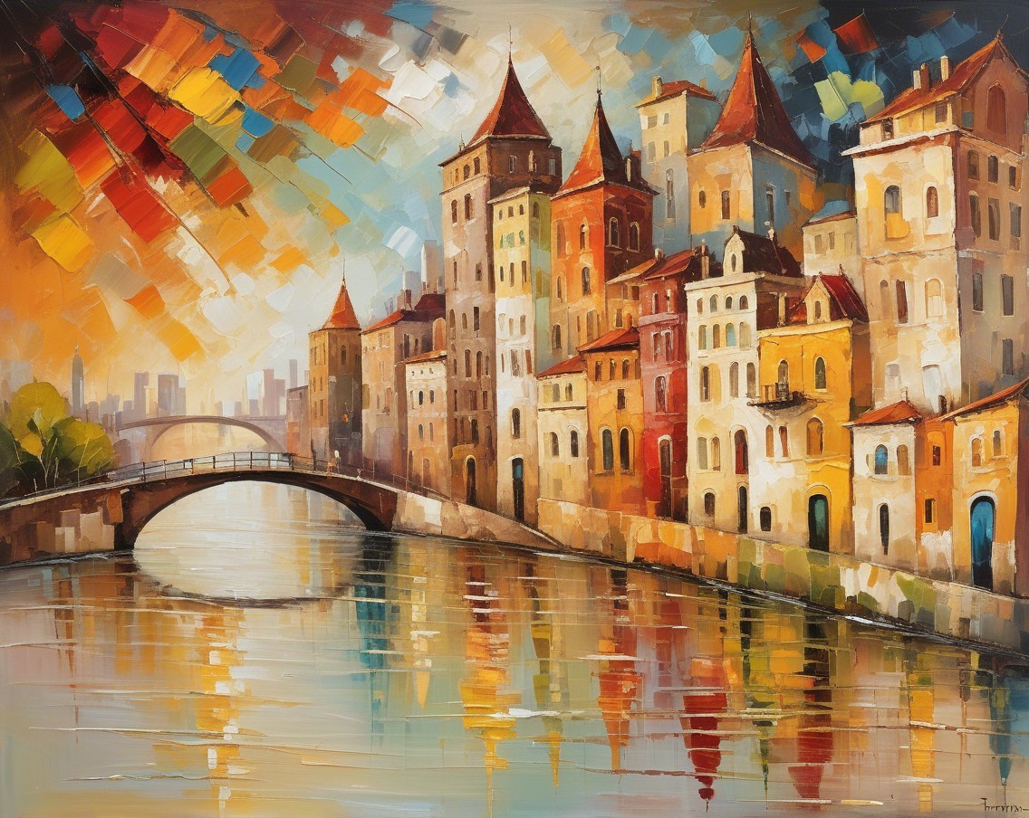 Colorful cityscape painting at sunset by a river