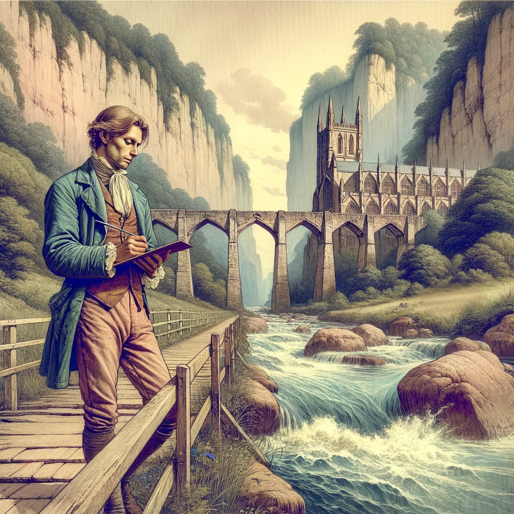 Young Man Sketching on Wooden Bridge in 18th Century