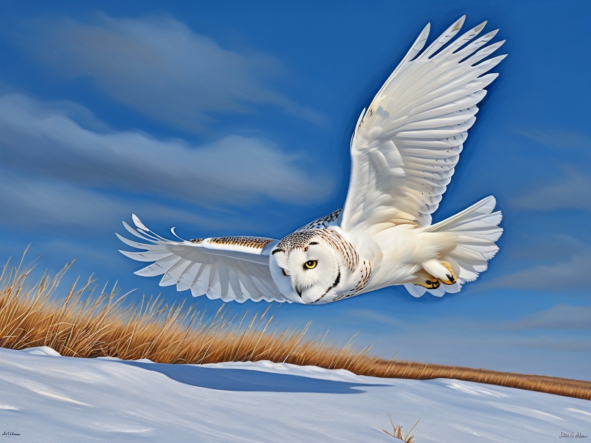 Snowy Owl in Flight Over Winter Landscape
