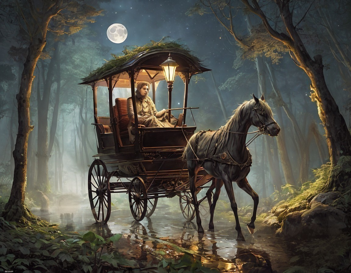 Woman in Period Dress in Moonlit Forest Carriage