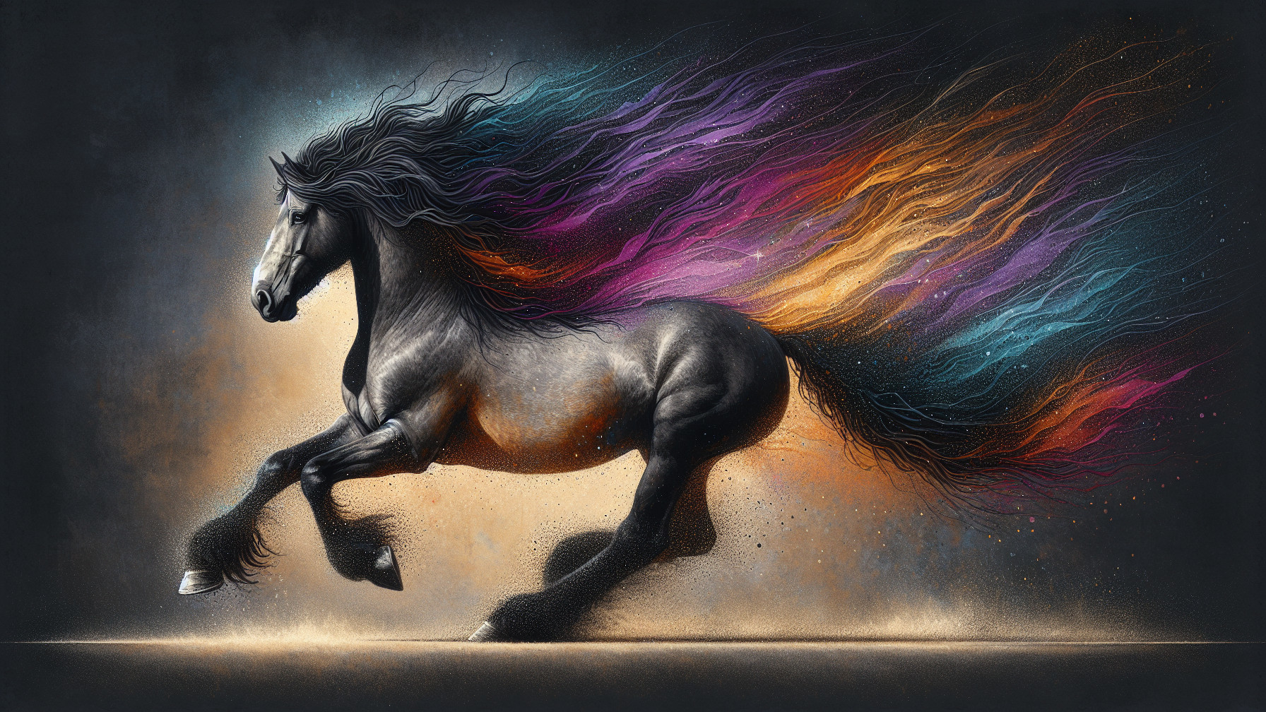 Black Horse Galloping Against Vibrant Colorful Background