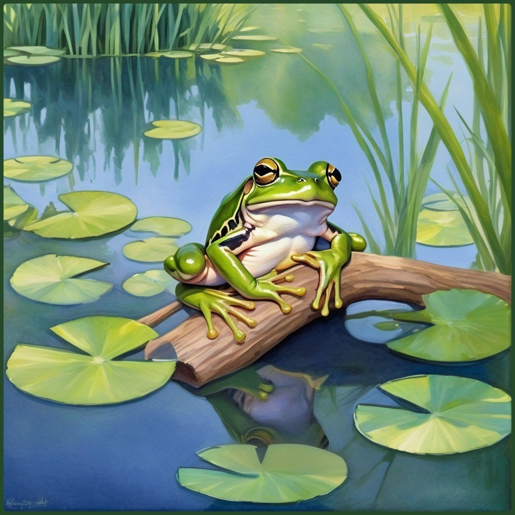 Vibrant Green Frog on Log in Calm Pond Setting