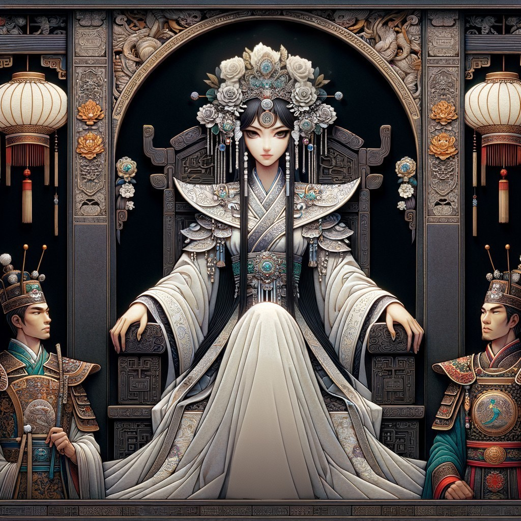 Ethereal queen on ornate throne with courtiers and decor