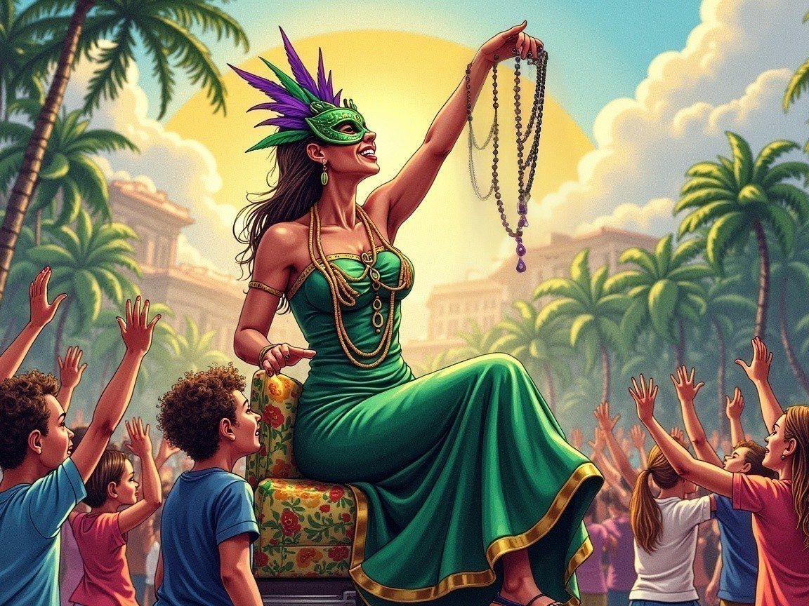 Woman in Green Gown with Beads Amidst Festive Scene