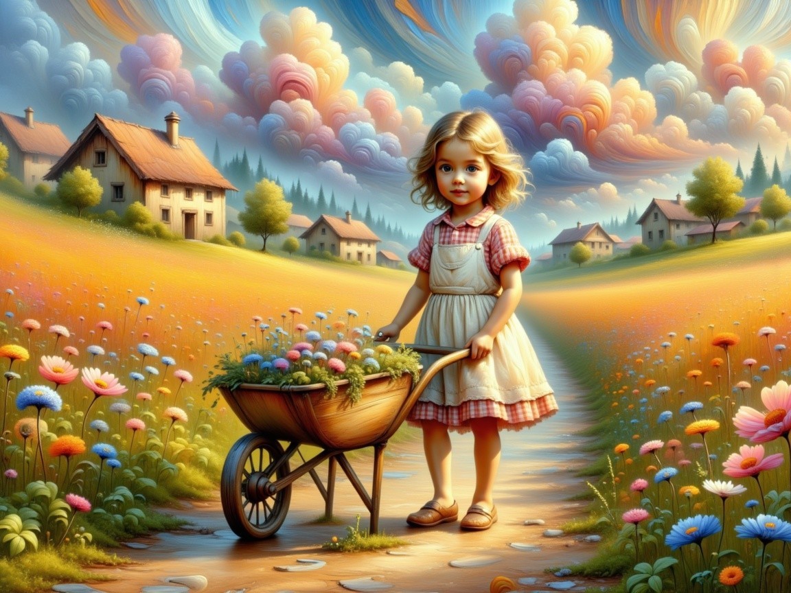 Young girl with flowers in a meadow landscape