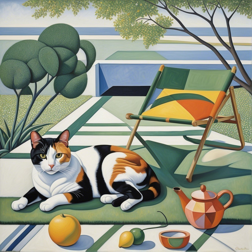 Calico Cat Relaxing in Serene Outdoor Scene