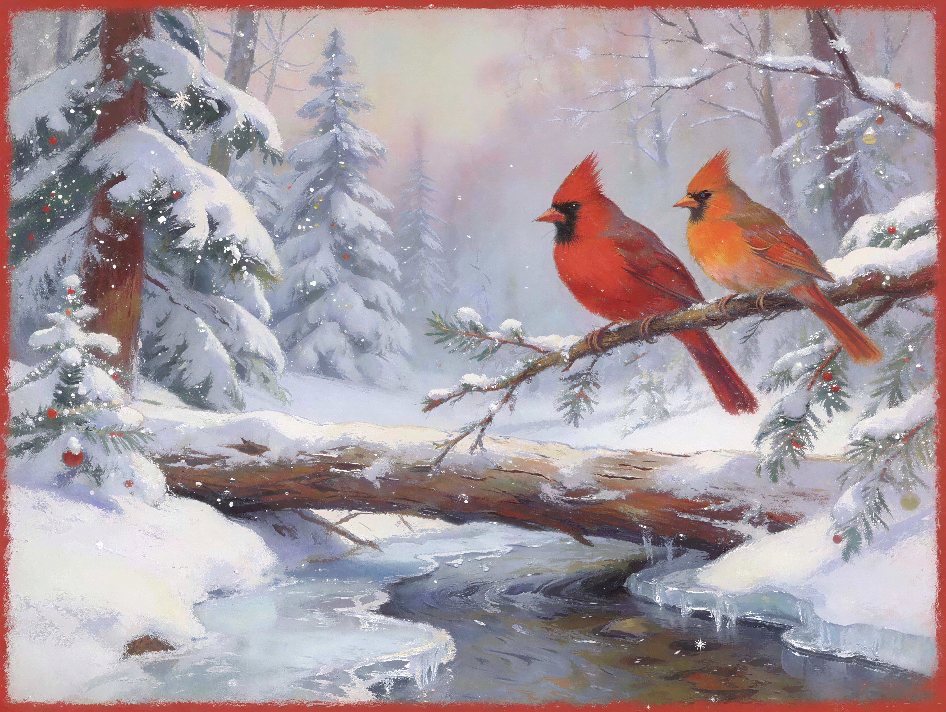 Cardinals on a Snowy Branch in Winter Landscape