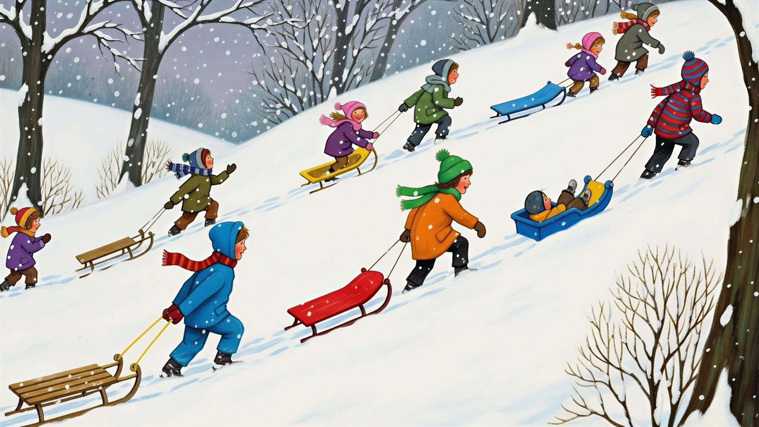 Children Sledding on a Snowy Hillside in Winter