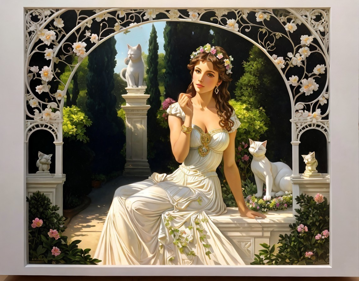 Woman in White Dress Under Archway with Flowers